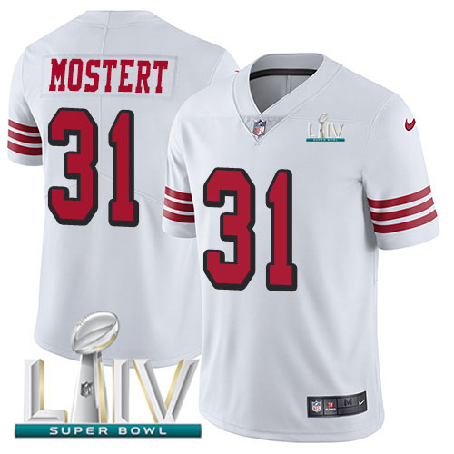 San Francisco 49ers Nike #31 Raheem Mostert White Super Bowl LIV 2020 Men Stitched NFL Limited Rush Jersey
